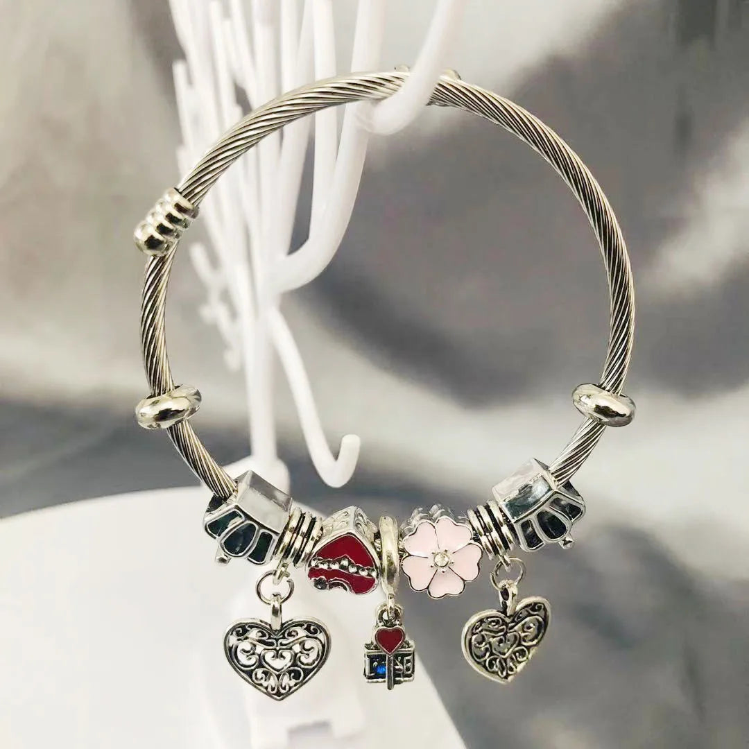Modalen New Designer Pink Crystal Stainless Steel Bangle Charm Bracelet for Women and Girls
