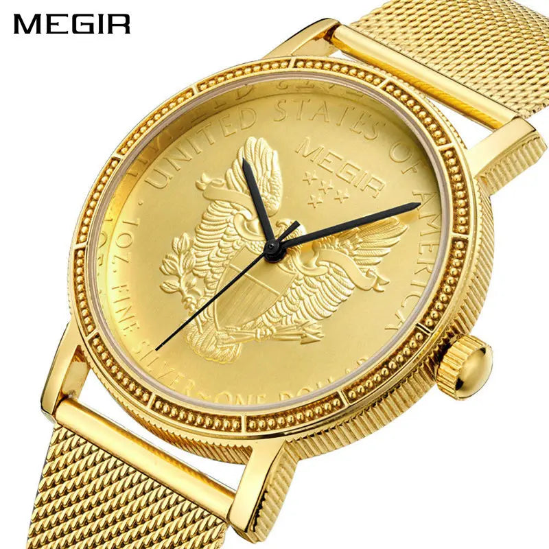 Top Brand MEGIR 2032 Personality Gold Men's Watches Luxury Quartz Watches Simple Stainless Steel Mesh Strap Watch Custom LOGO