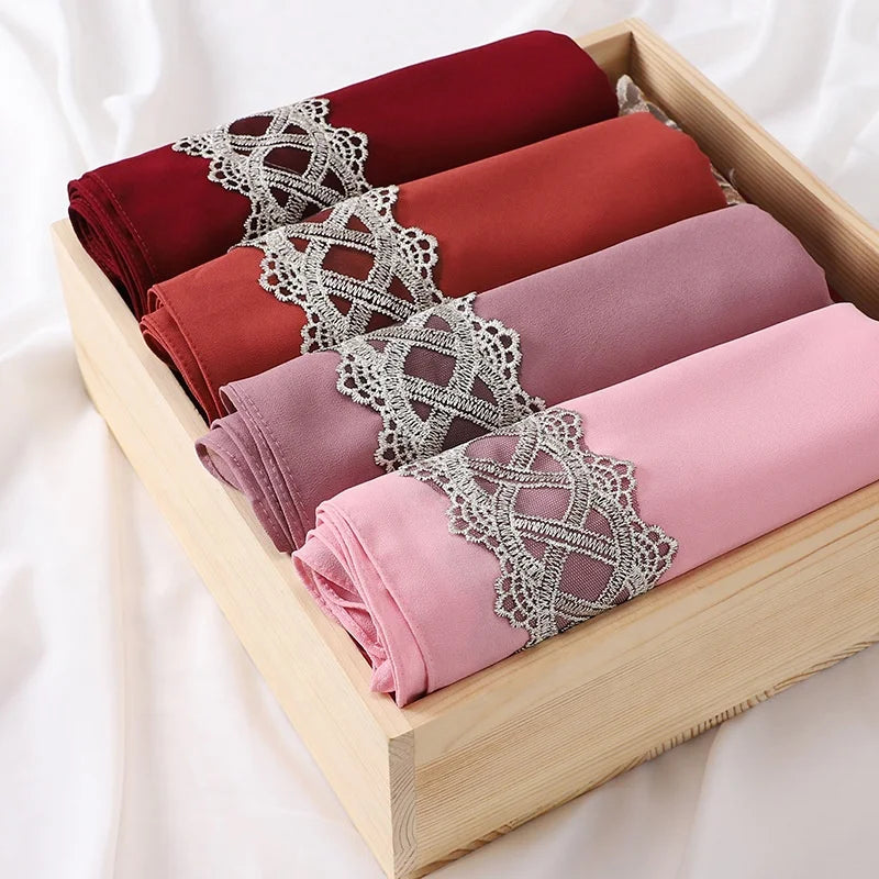 Zifeng OEM Lenco Poliester New Fashion Plain Lace-paneled Chiffon Hijab