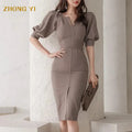 Clothing Manufacturers Custom OEM Formal Women Lantern Sleeve V-Neck Summer New Professional Split High Waist Casual Dresses