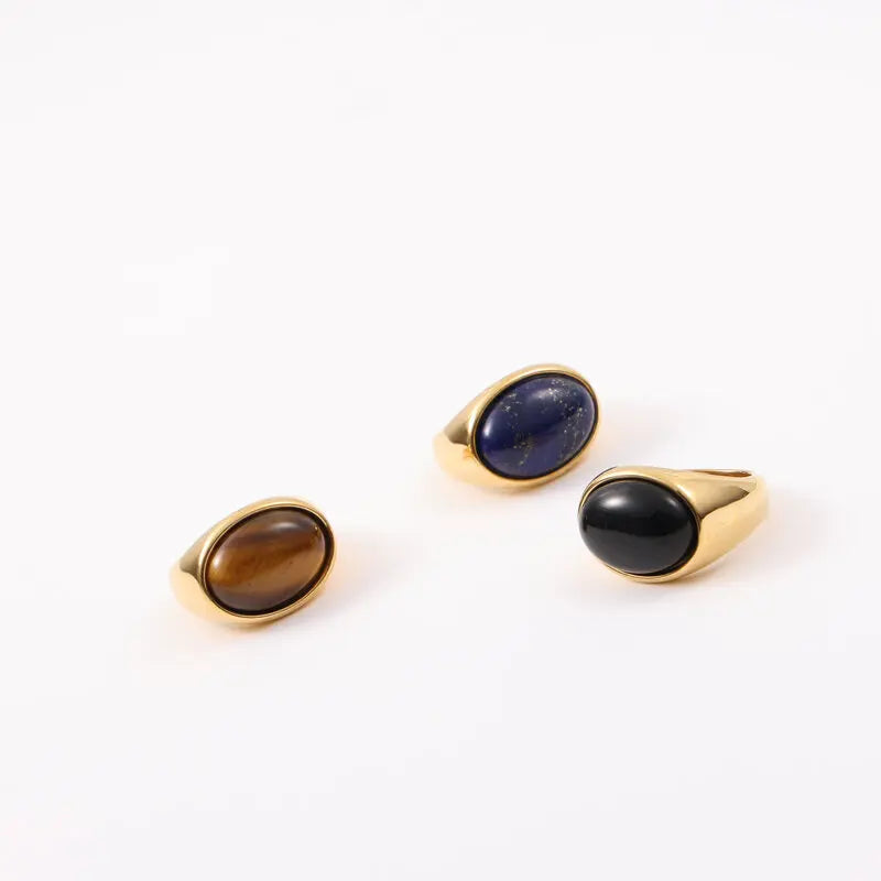 Fenny 18K Gold Plated Wholesale Classic Tigereye Black Agate Natural Stone Stainless Steel Finger Ring Trend for Women