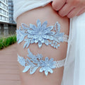 Blue Embroidered Flower Garters Belt of Bridal Plus Size Women Wedding Garter Ring Set