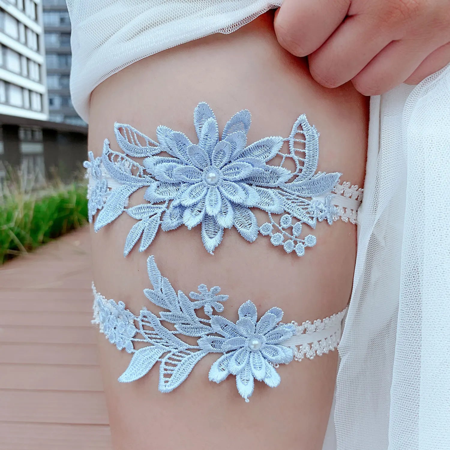 Blue Embroidered Flower Garters Belt of Bridal Plus Size Women Wedding Garter Ring Set