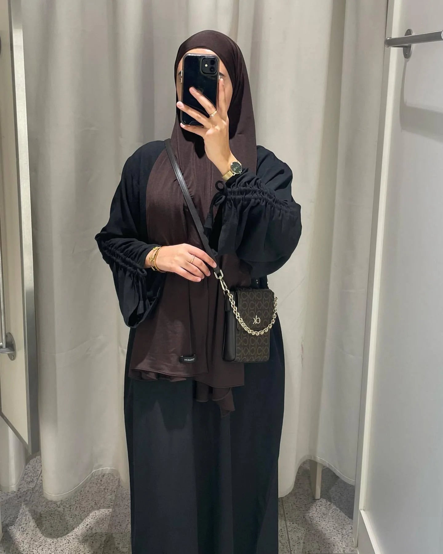 LM037 Crepe Linen Textured Ruched Long Sleeves Tie Shirred Slip Dress Modest