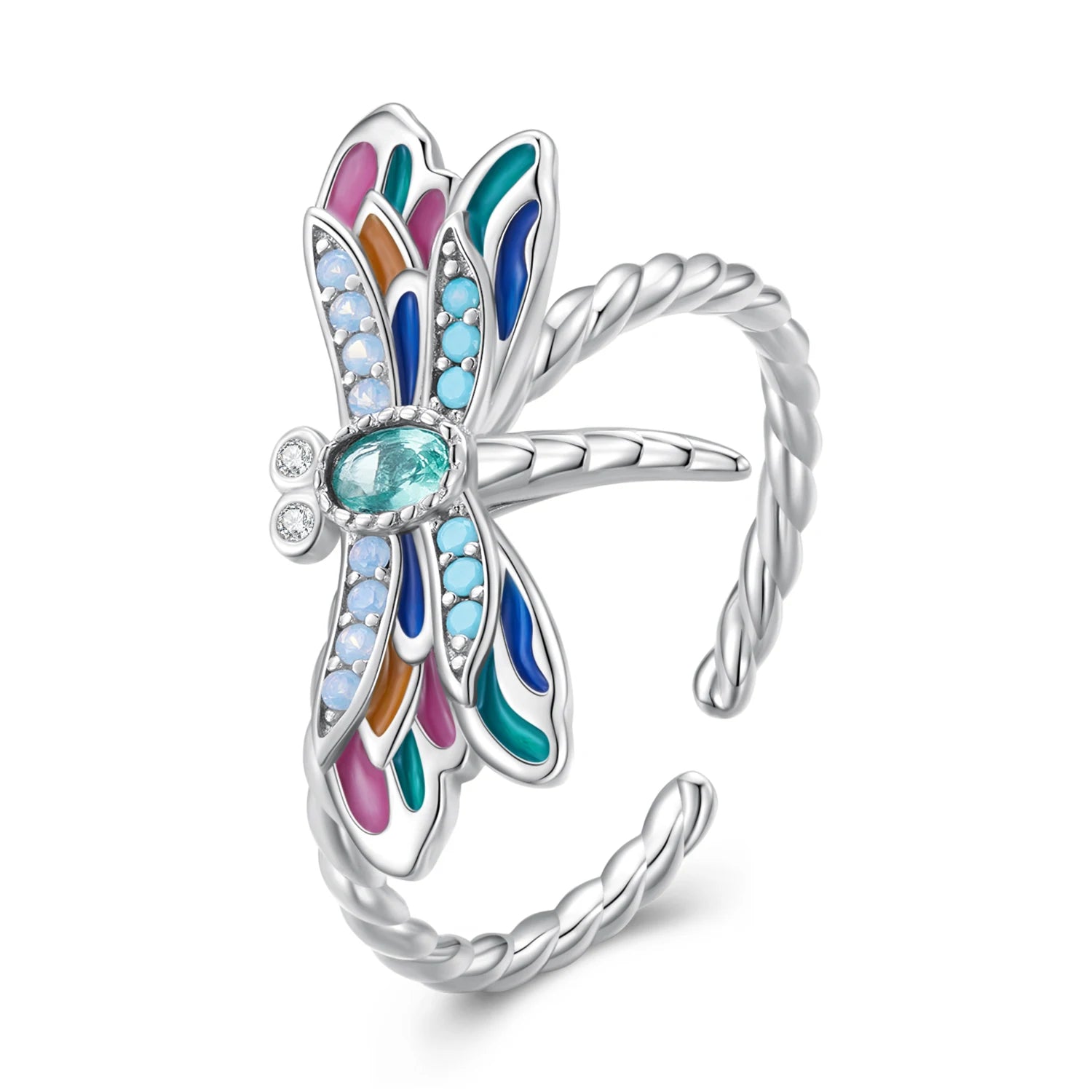 Factory Wholesale 925 Sterling Silver Enamel Dragonfly Opening Ring Insect Adjustable Ring for Women Zircon Fine Jewelry BSR385