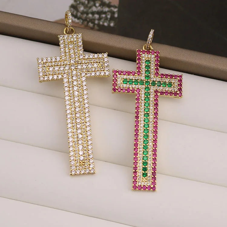 CZ8640 Chunky 18K Gold Plated Crystal CZ Diamond Micro Pave Cross Charm PendantsCubic Zirconia Inlaid Cross Catholic Pendant