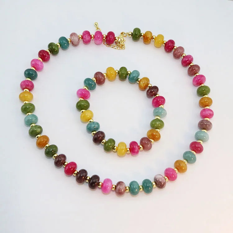 S11441 Chunky Boho Multi Colored Tourmaline Jade Abacus Rondelle Beaded Bracelet Necklace Women Accessories Jewelry Sets