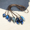 New Arrival Healing Natural Crystal Stone Irregular Flashy Labradorite Leaves Blue Moonstone Pendant Wax Rope Necklace for Men