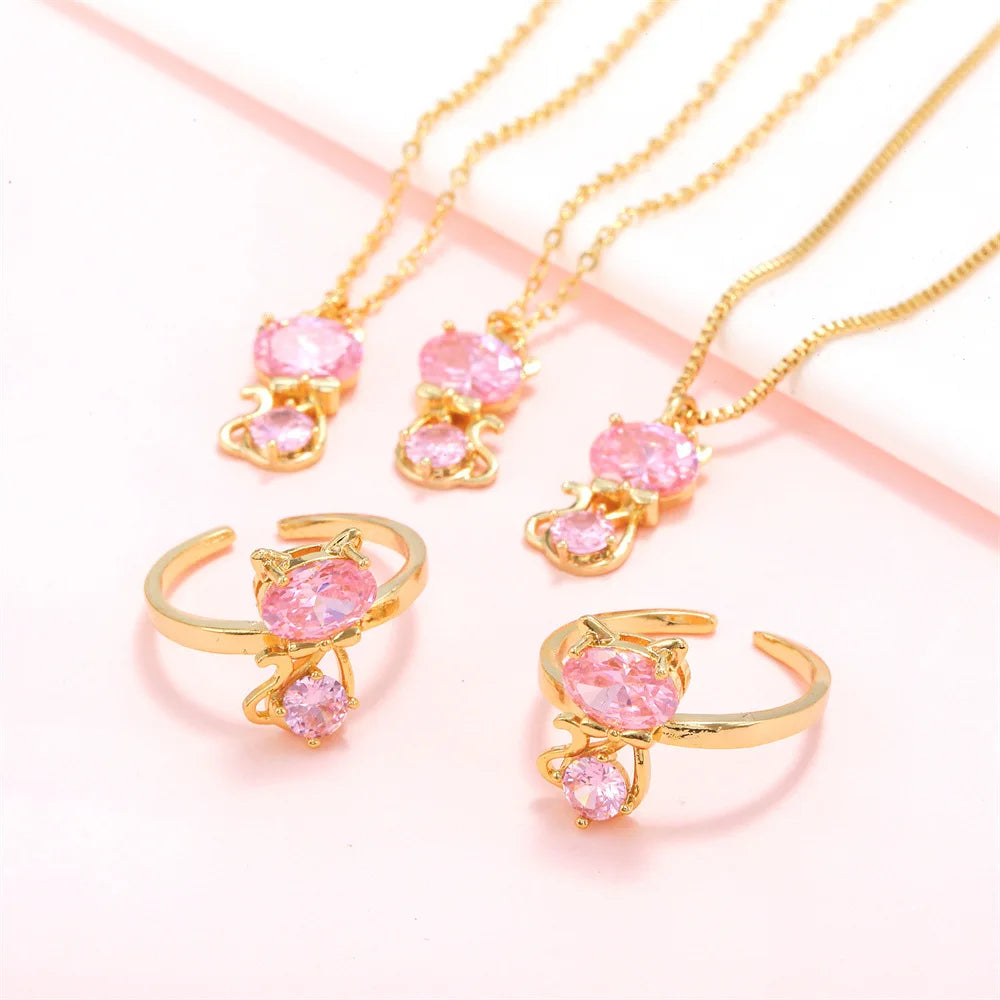 Sweet Girly Style Pink Zircon Cat Ring Necklace Adjustable Opening Ring Hand Jewelry Cute Finger Zirconia Ring for Women