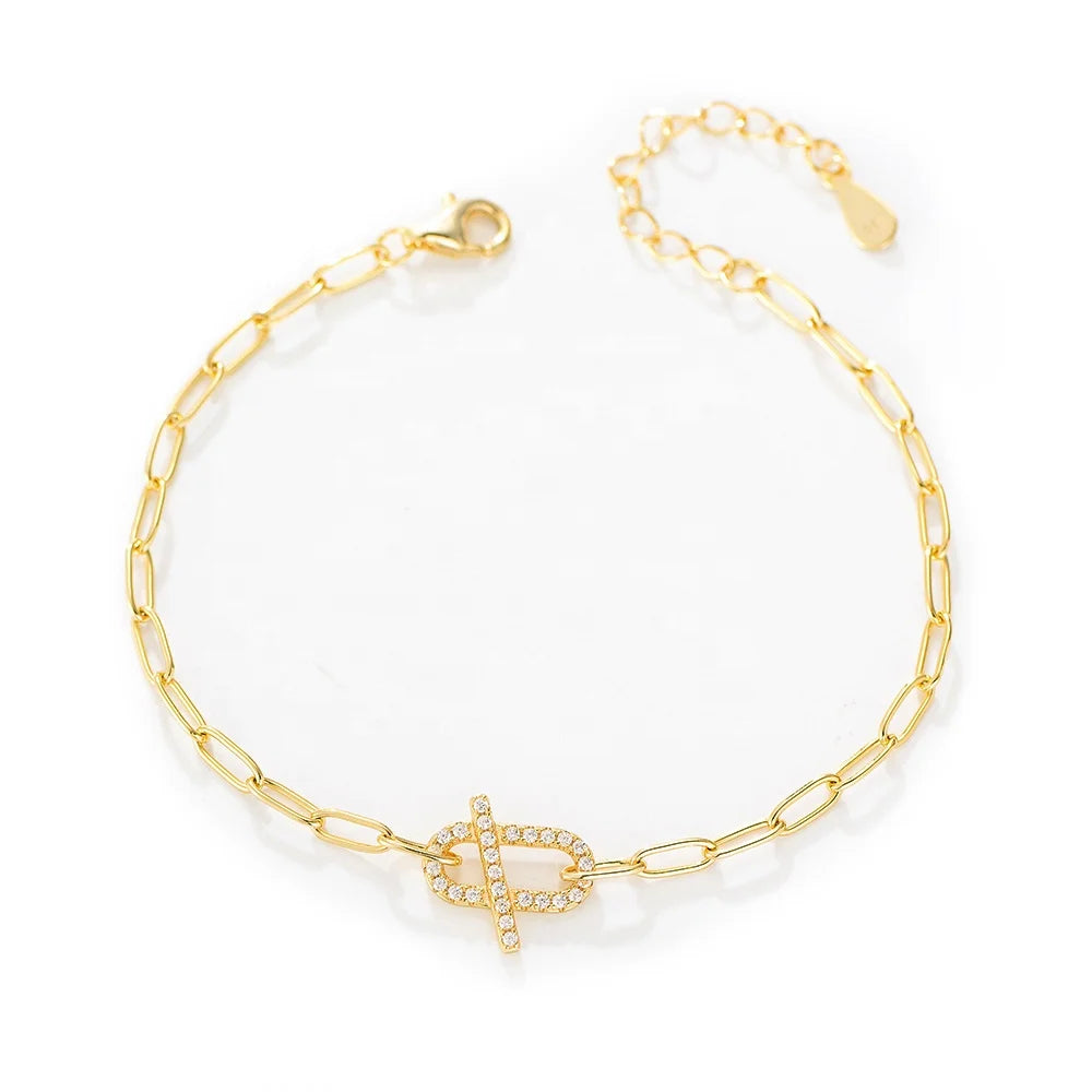 Wholesale 925 Sterling Silver Toggle Clasp Bracelet Gold Plated White CZ Geometric Chain Jewelry
