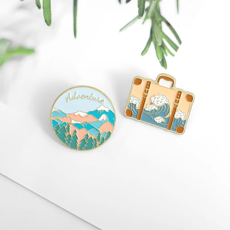 Travel Soft Enamel Pin Adventure Tour Suitcase Journey Brooches Bag for Badges Mountains Oceans Wave Camping New