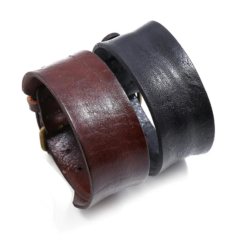 Retro Punk Cowhide Leather Wristband Bracelet Wide Handmade Adjustable Bracelet for Cowboy Accessories Hand Jewelry Gift
