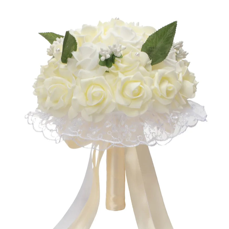 Bridesmaid Wedding Hand Bouquet Artificial Crystal Pearl Silk Roses PE Material Bridal Bouquet