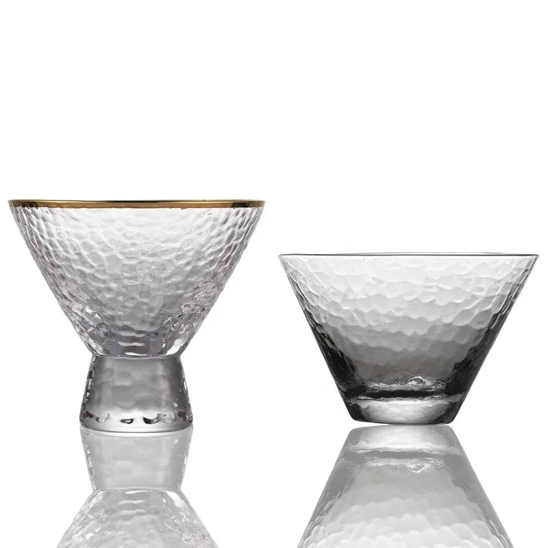 Koi INS Hammer Pattern Dessert Shake Juice Ice Cream Cold Drink Gold Rim High Stem Ribbed Dessert Glass