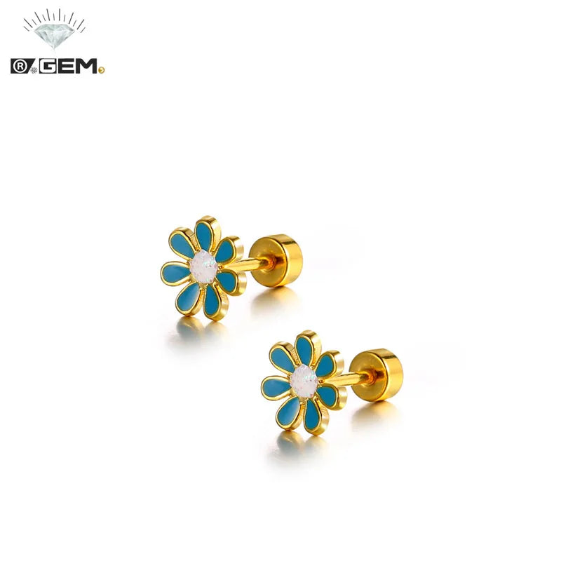 Flower Earring R.GEM. Lovely Cute Hypoallergenic Enamel Drop Oil Gold Plating Stainless Steel Stud for Girls