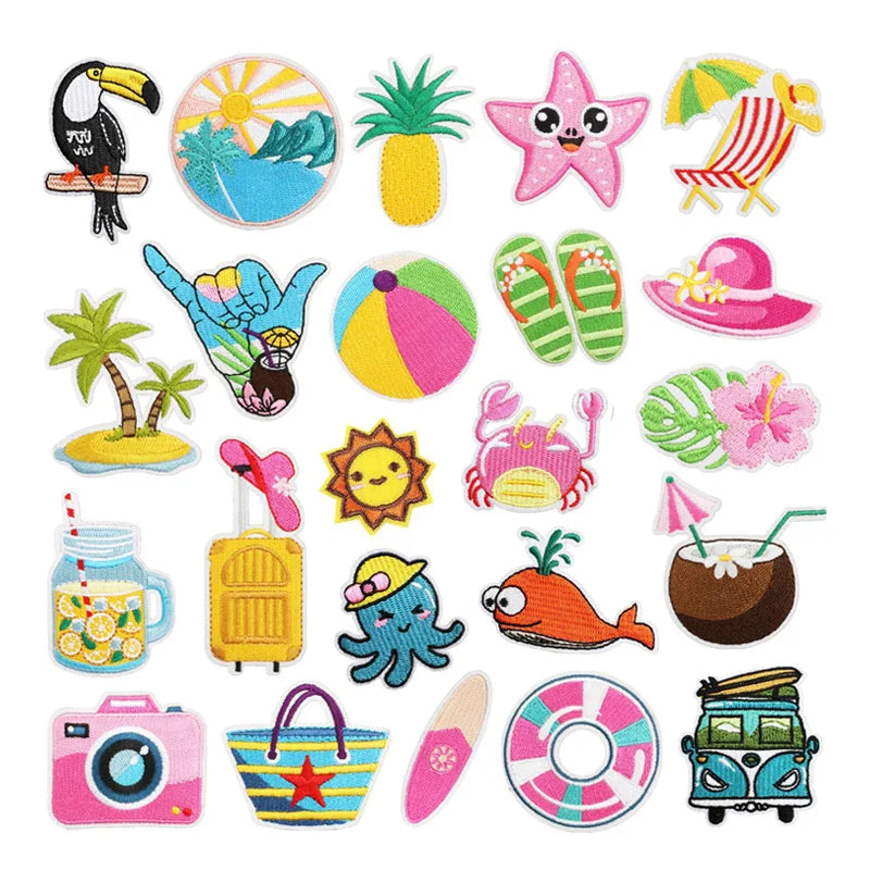 Embroidery Iron on Summer Beach  Holiday Style  Sun Slipper Camera Luggage Trunk  Patch for Clothing Bag