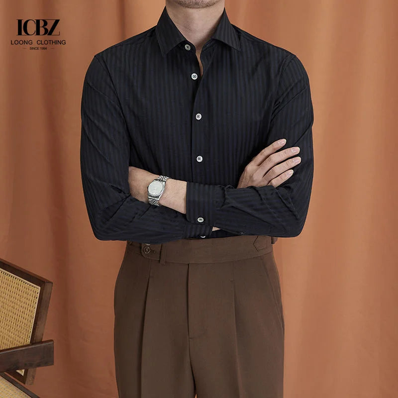 Summer Casual Neck Bubble Yarn Dark Striped Long-sleeved Shirt Gentleman Business Casual Shirt
