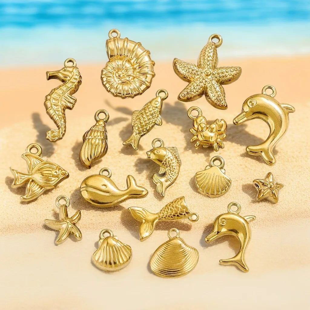 2025 Stainless Steel 18K Gold Plated Ocean Sea Fish Seahorse Dolphin Starfish Mermaid Shell Pendant for Bracelet Necklace DIY