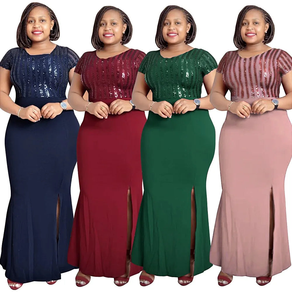 K0055 African Women's Wear Party Evening Dress Plus Size Round Neck Solid Color Dresses European Lace Robe Femme