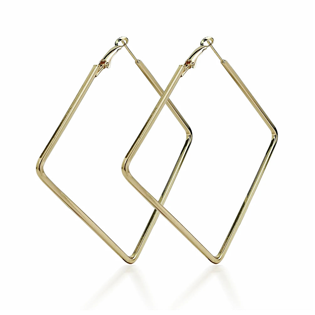 Large 80mm Square Shape Gold Plated Metal Women Trendy Statement Jewelry Simple Fashion Big Geometric Hoop Earrings