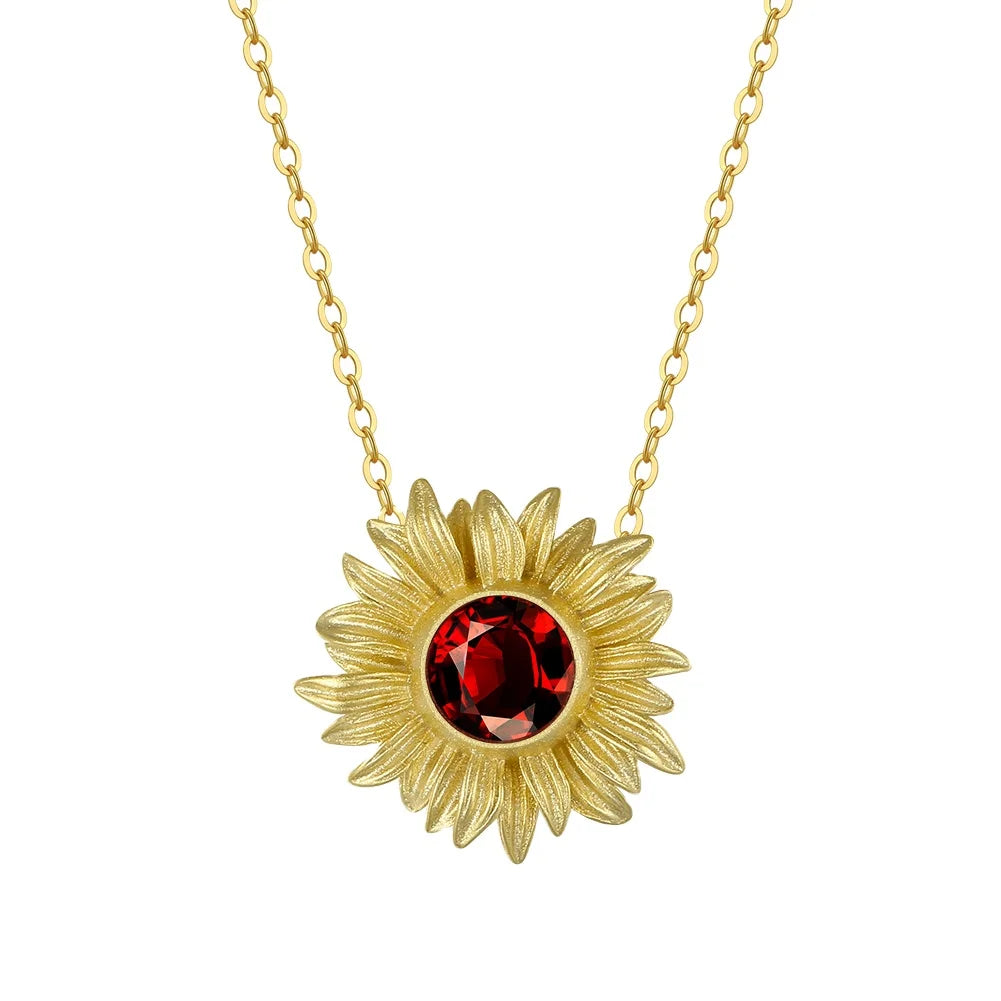 RINNTIN 925 Silver Pendant Necklace Natural Garnet Stone Crystal 14K Gold Plated Sunflower Jewellery Women Gemstone Necklace