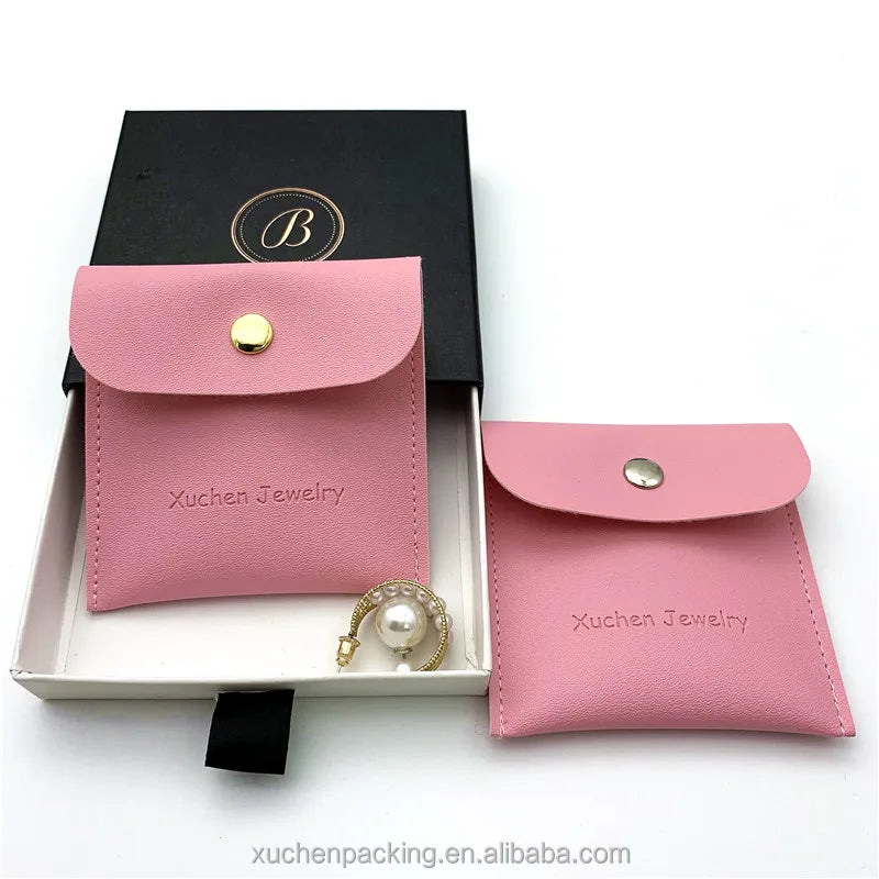Custom Small 8*8cm Pu Leather Envelope Jewelry Bag Pink Jewelry Packaging Pouch for Earring With Logo