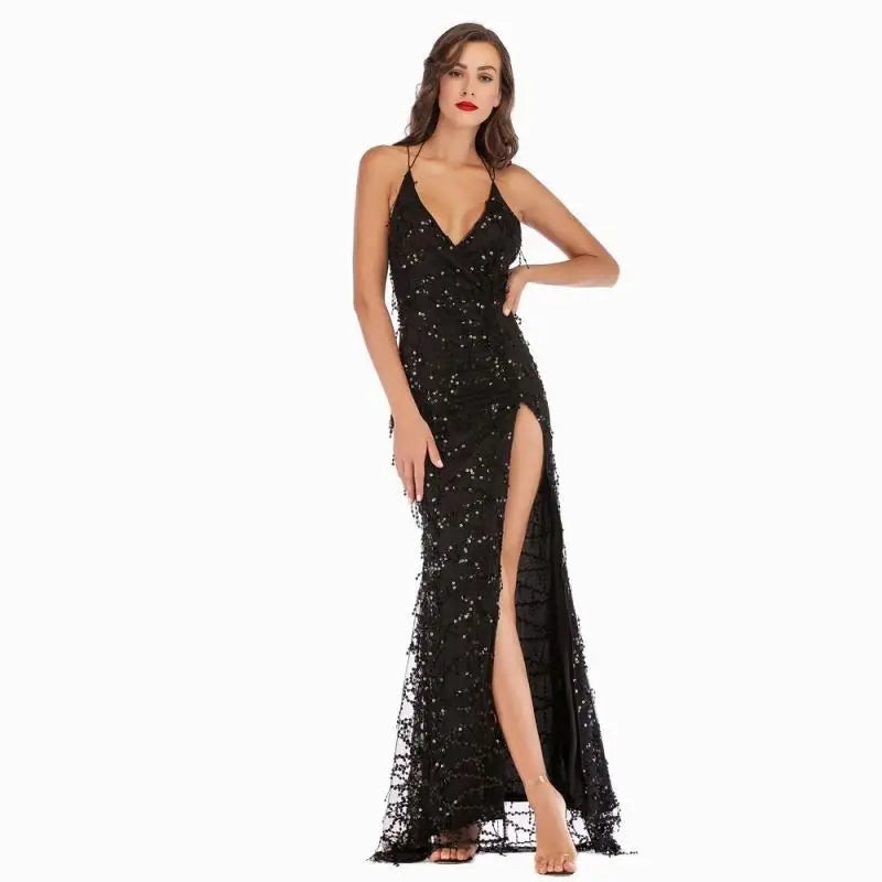 Women's Elegant Satin Party Dress with Sequin Tassels Spaghetti Strap Backless Design Natural Waistline-for Club Style