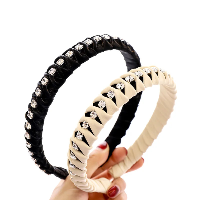 Korea Solid Color Pu Leather Designer Headbands Famous Brands Shining Soft Leather Diamond Headband Rhinestone Sparkle Headbands