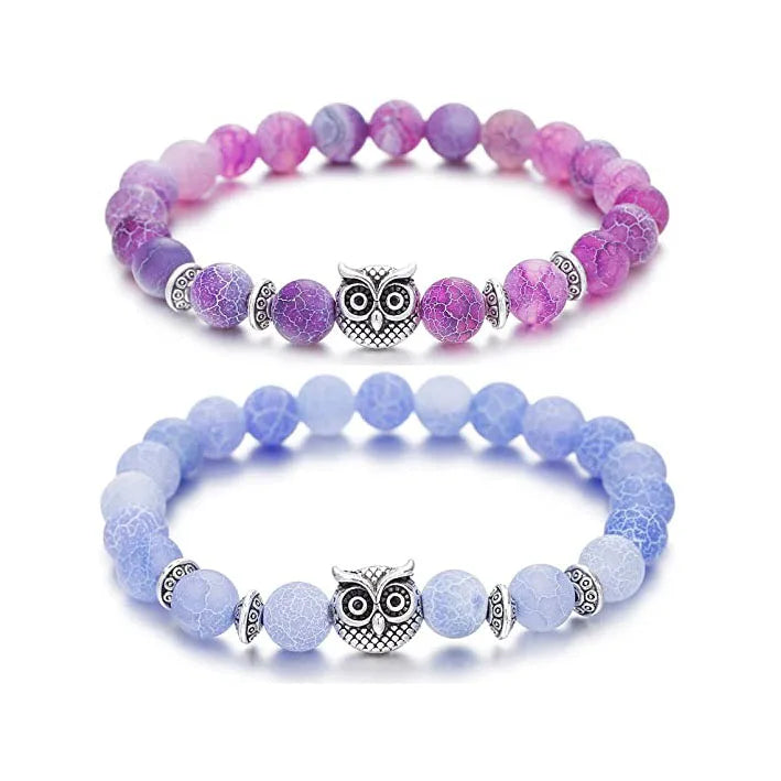 Fashion Cheap Natural Stone Agate Zinc Alloy Owl Charm Beads Elastic Bracelet