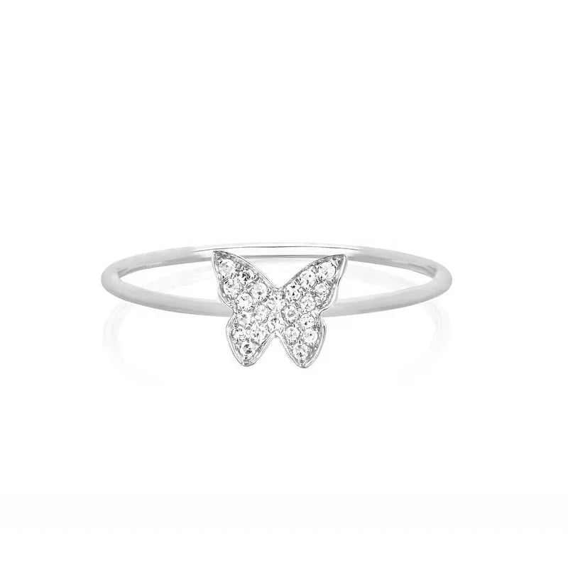14K Gold Engagement Ring for Women All-Match Butterfly Solid Full CZ Diamond Thin Simple Fashionable Trendy for Weddings