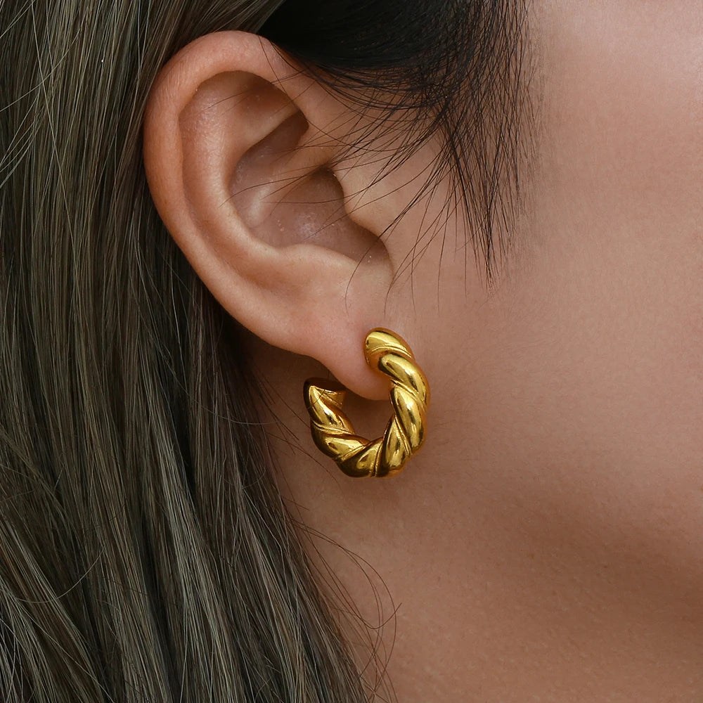 Fashion 18K Gold Plated Stainless Steel Rope Twist Chunky Earrings Stainless Steel Thick C Shaped Stud Earrings Women Gift Party