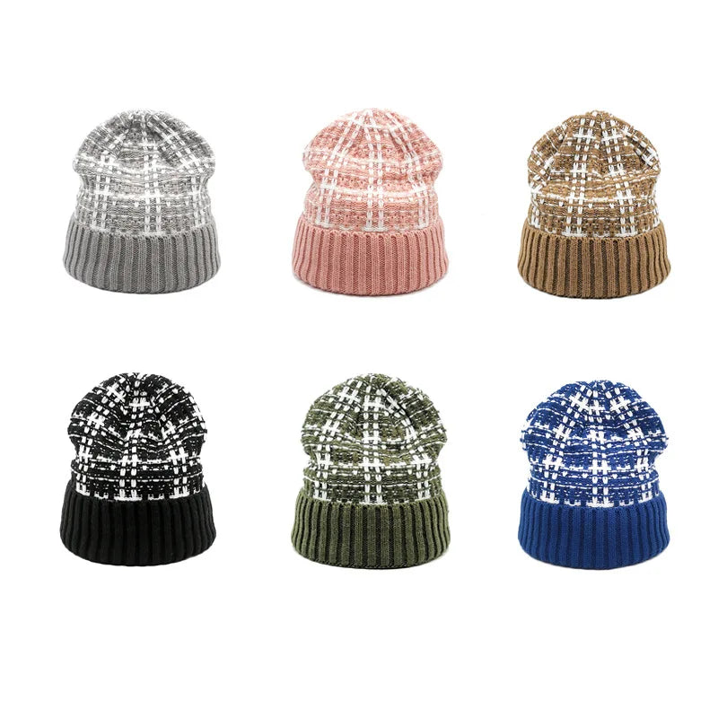 Fashion Acrylic Warm Knitted Hat Cuff Plaid Beanie Thickened Warm Hat Plaid Knitted Hat With Plush Lining