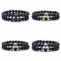 Wholesale Fashion Handmade 2pcs Black Lava Stone Beads Stainless Steel Rose Gold Skull Advanced Bead Bracelet