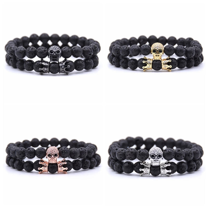 Wholesale Fashion Handmade 2pcs Black Lava Stone Beads Stainless Steel Rose Gold Skull Advanced Bead Bracelet