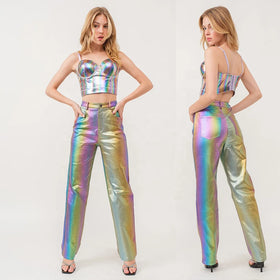 High Street Designs Custom Denim Blue Color Shiny Metallic Breathable Flare Pants Foiled Coat Loose Fit Jeans Women