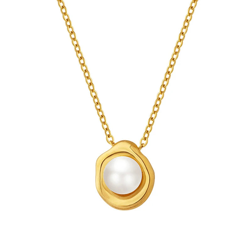 Vintage Jewelry 18k Gold Plated Stainless Steel Chain Link Pearl Necklace Charm Irregular Pendant Necklace for Women