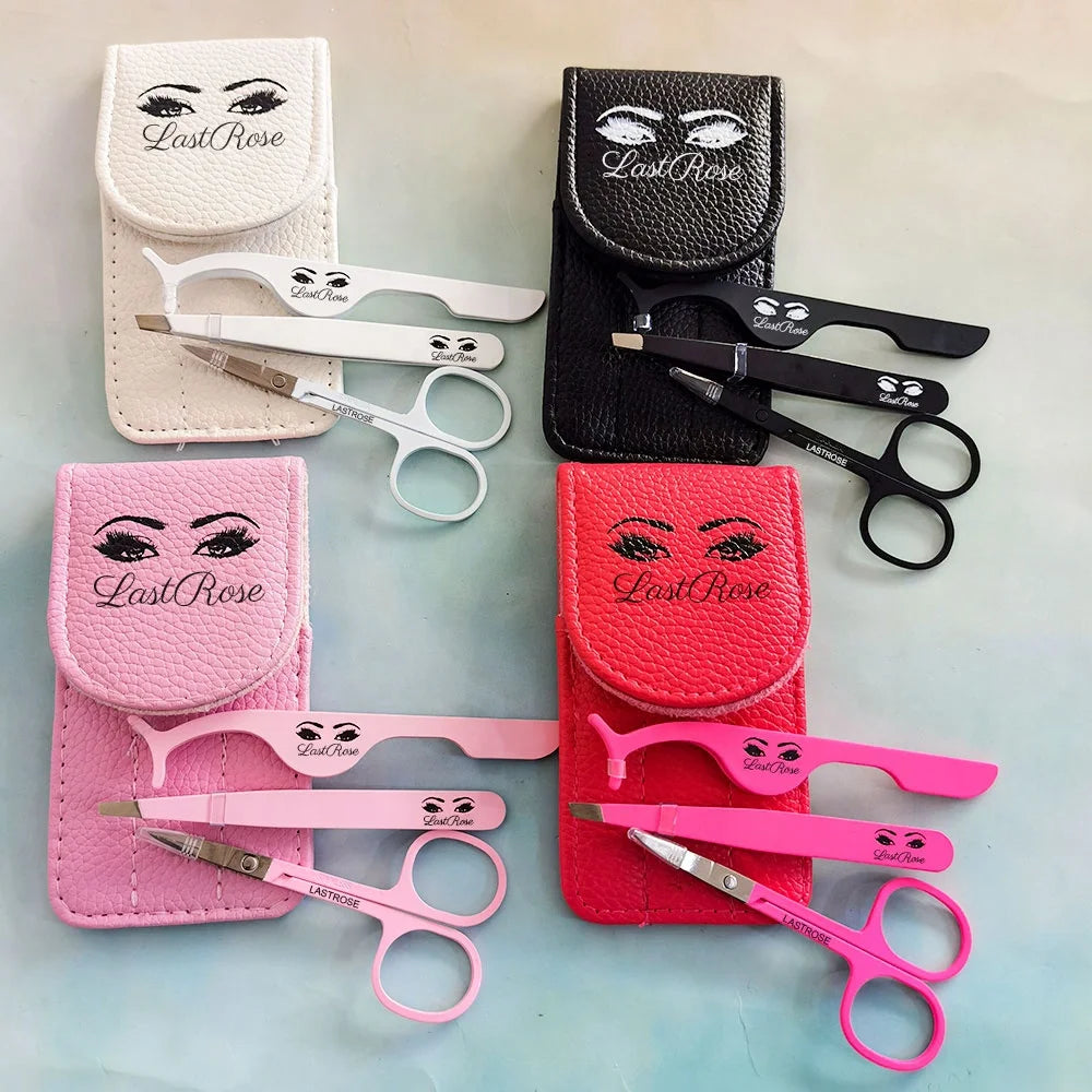 3pcs Black Pink White Slanted Pointed Eyebrow Eyelash Extension Tweezers Eyelash Scissors Set With PU Pouch Bag