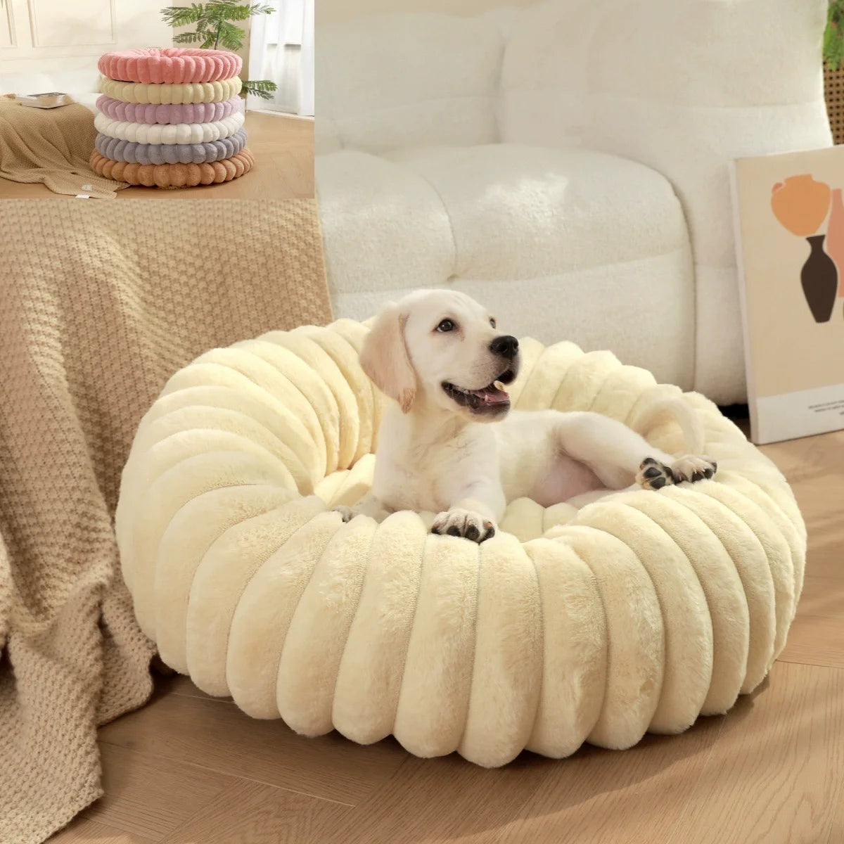 Hot Sale New Rabbit Plush Round Dog Bed Soft Comfortable Donut Pet Bed Washable Warm Pet Cushion