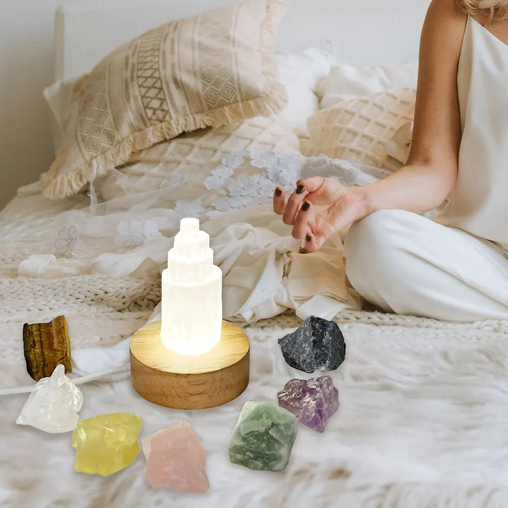 Selenite Tower Slat Lamp Natural Crystal 7 Chakra Healing Stone Night Light for Room Decor Meditation Wicca Yoga Gift