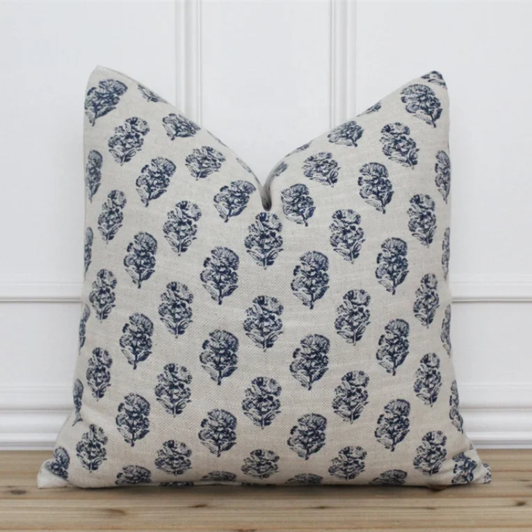 Floral Hand Block Print on Poly Linen Pillow Cover Spring Pillow Cushion Cover/