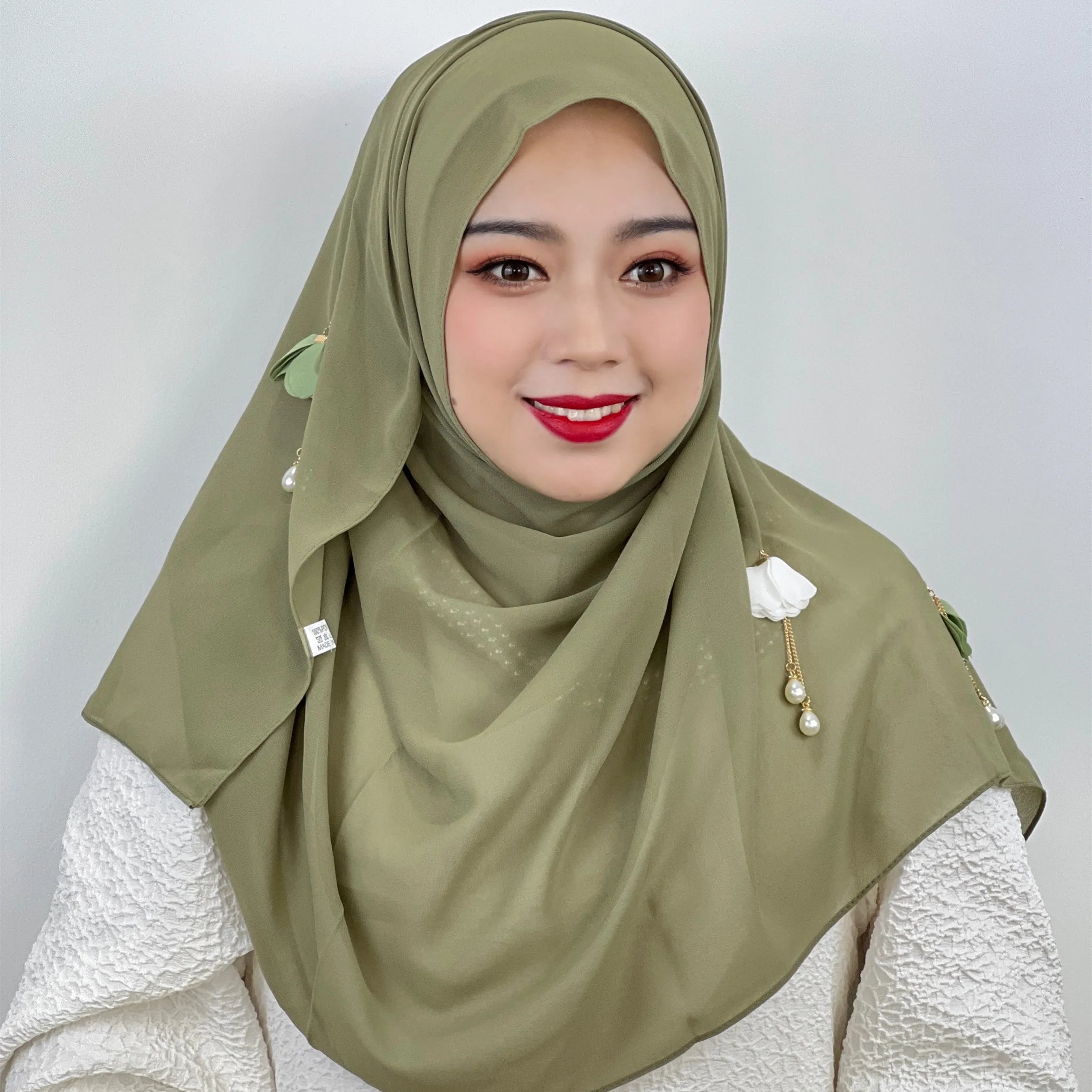 Fairy Style Fashionable Scarves for Southeast Asian Women Malaysia 3D Flower Pearl Tassel Chiffon Hijab Muslim Women Hijabs