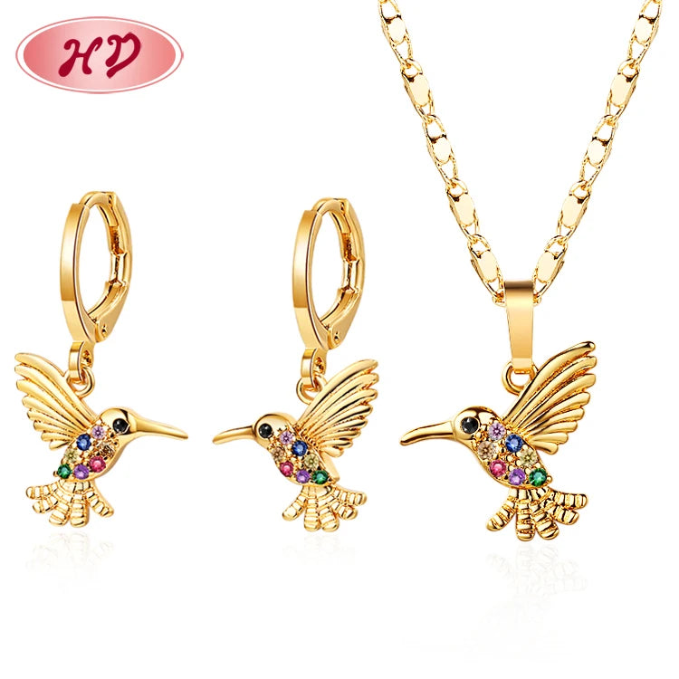 Cz Bird Hummingbird Jewelry Earrings and Necklace Pendant Sets Gold Plated Cubic Zirconia Girl Women Ladies Brass Animal Zircon