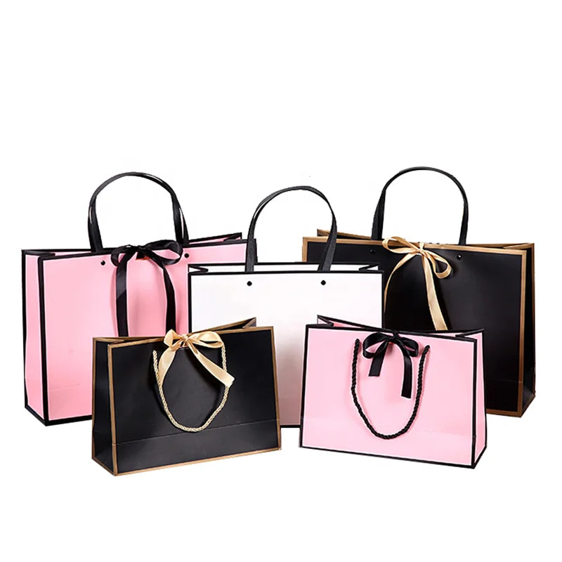 Wholesales Custom Full Color Printed Shopping Cosmetic Gift Paper Bag With Ribbon Handle