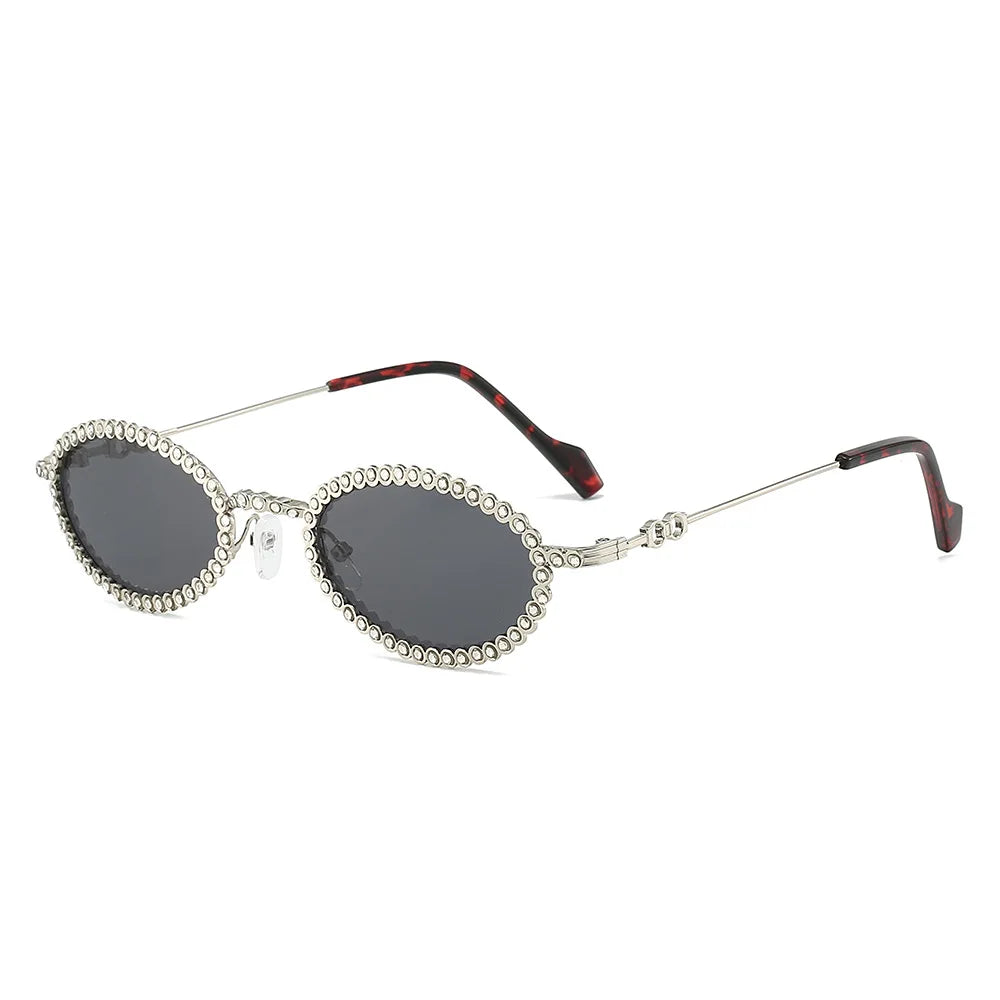 XY40067 Small Oval Metal Frame Sun Glasses 90S Shiny Rhinestone Sunglasses for Women