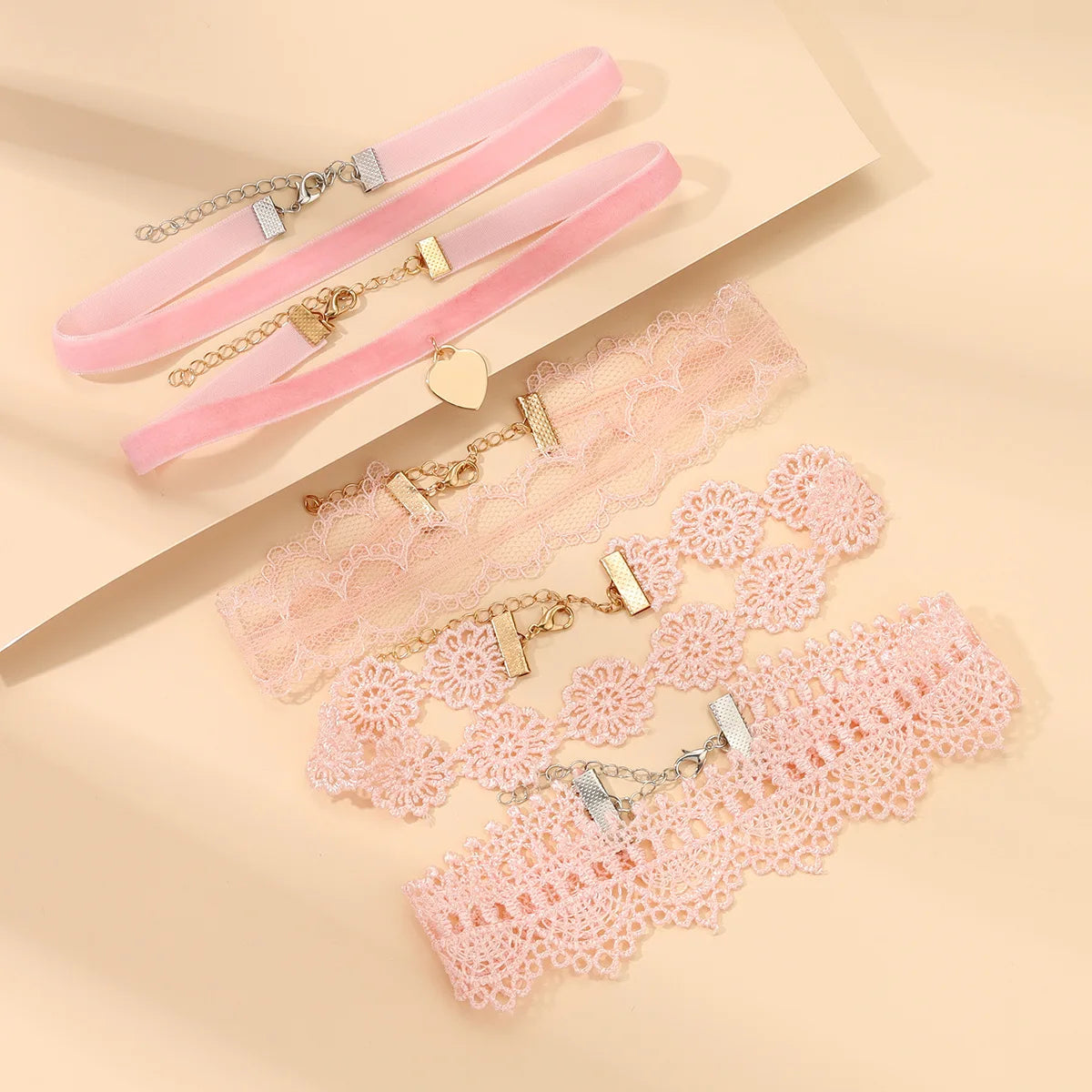 5pcs/set Fashion Creative Pink Lace Velvet String Girl Pink Women Awareness Pendant Choker Necklace Jewelry