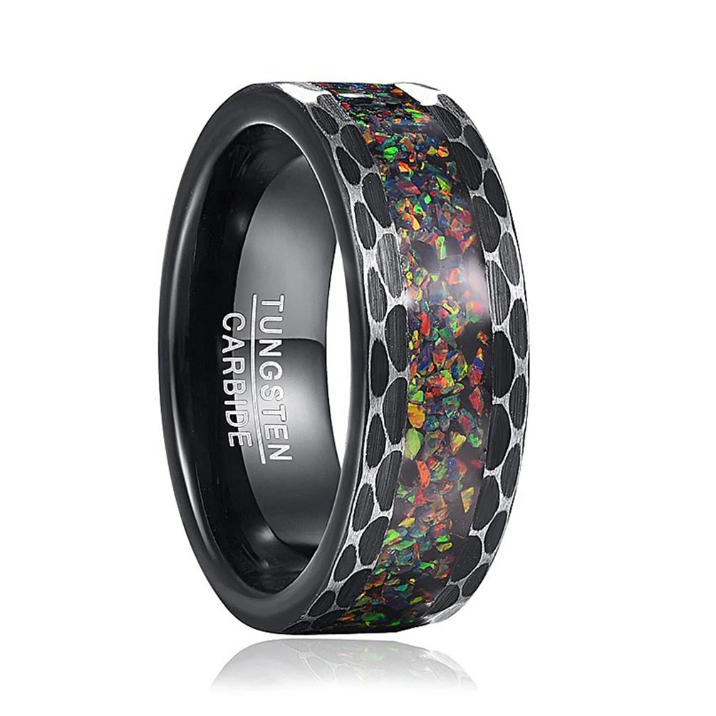 Alin Brushed Edges Black Wedding Band Inlaid Colourful Opal Stones Tungsten Wedding Rings for Men and Women