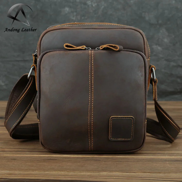 Andong Casual Retro Men Shoulder Bag Messenger Bags Genuine Cowhide Leather Sling Pocket Man