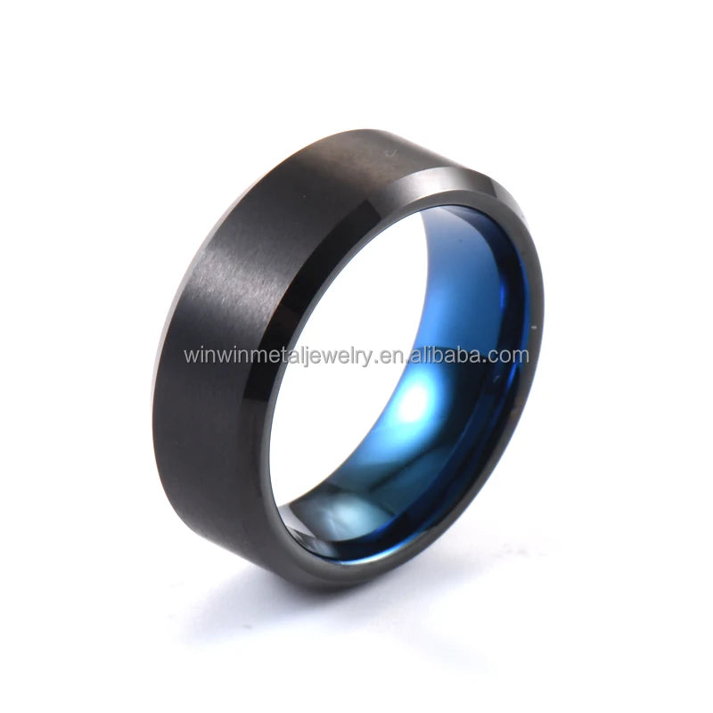 Classic Blue & Brushed Black Tungsten Wedding Band for Men 8mm Two-Tone Inner Polished Wood Fashionable Hawaiian Style Parties