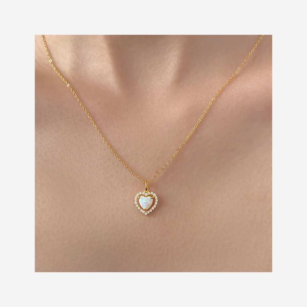 Dainty 14K Gold Plated Heart Opal Pendant Necklace 925 Sterling Silver Opal Diamond Necklace