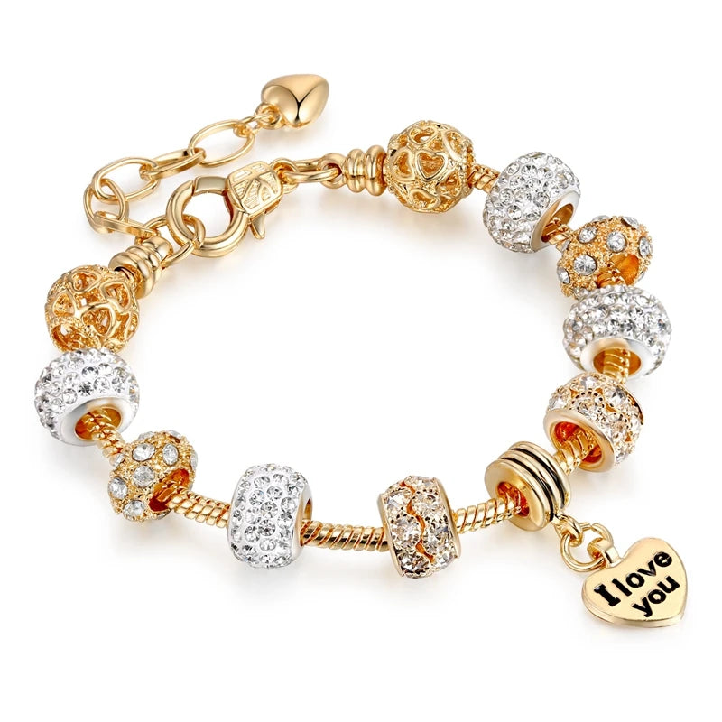 Fashion Gold Plated Brass Snake Chain Charm Heart Full Diamond Zircon Crystal Beads Bracelet Jewelry for Women
